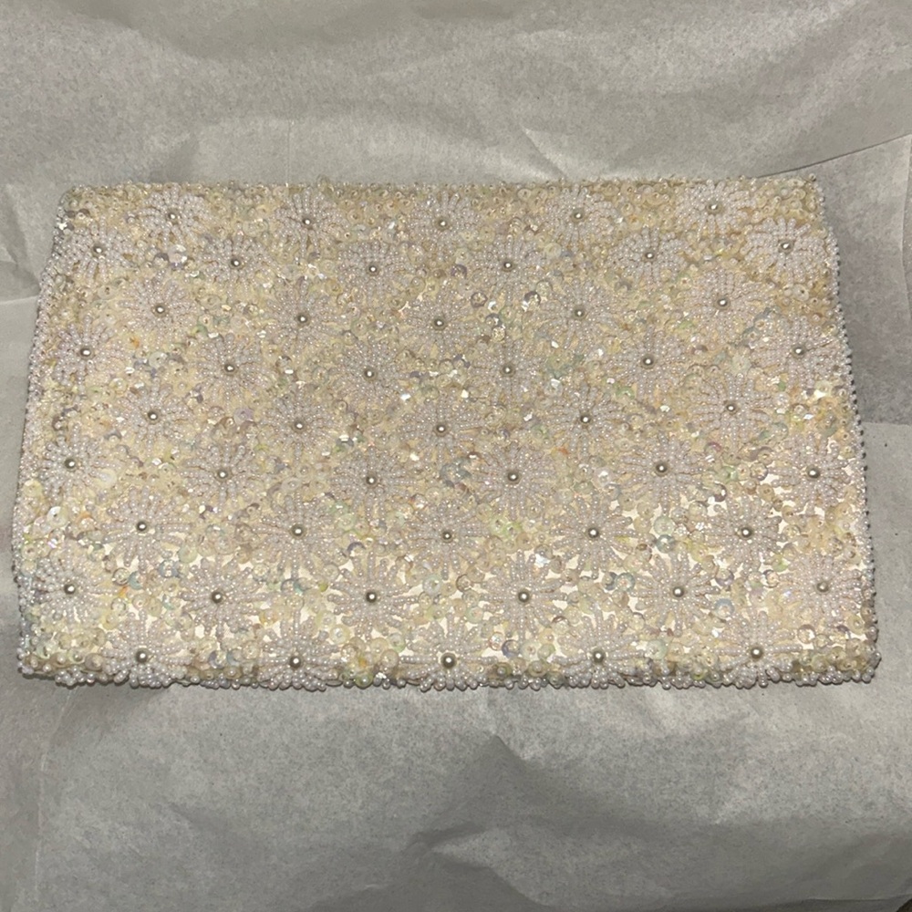 Vintage 1970s–1980s Beaded Sequin Pearl Floral Evening Clutch Hong Kong